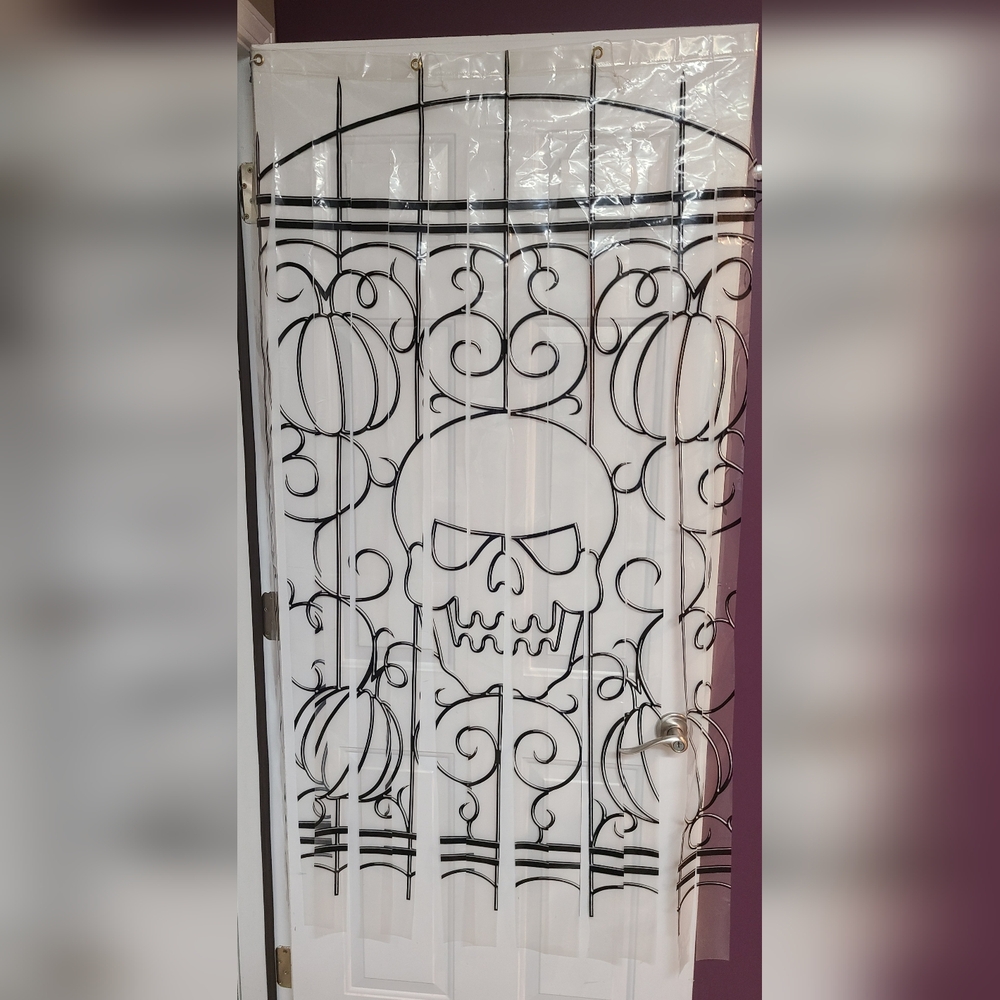 Halloween Clear Door Curtain Cemetery Fence Skull Pumpkin Spooky Party Decor